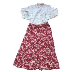 April Cornell Vintage Cottagecore Red Floral Midi Skirt Size Small